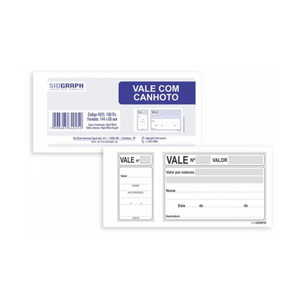 20 Blocos Vale Com Canhoto 144x69 100Fls Sidgraph (9,25)